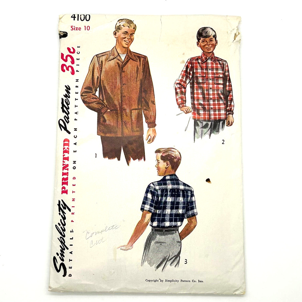 Simplicity Vintage 1950's Pattern #4100 Boys Shirts Size 10